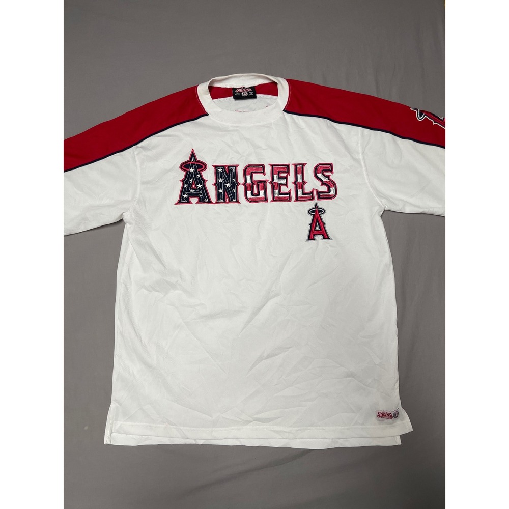 Stitches Los Angeles Angels Jersey Shirt Mens Large White Red Patriotic Stars L